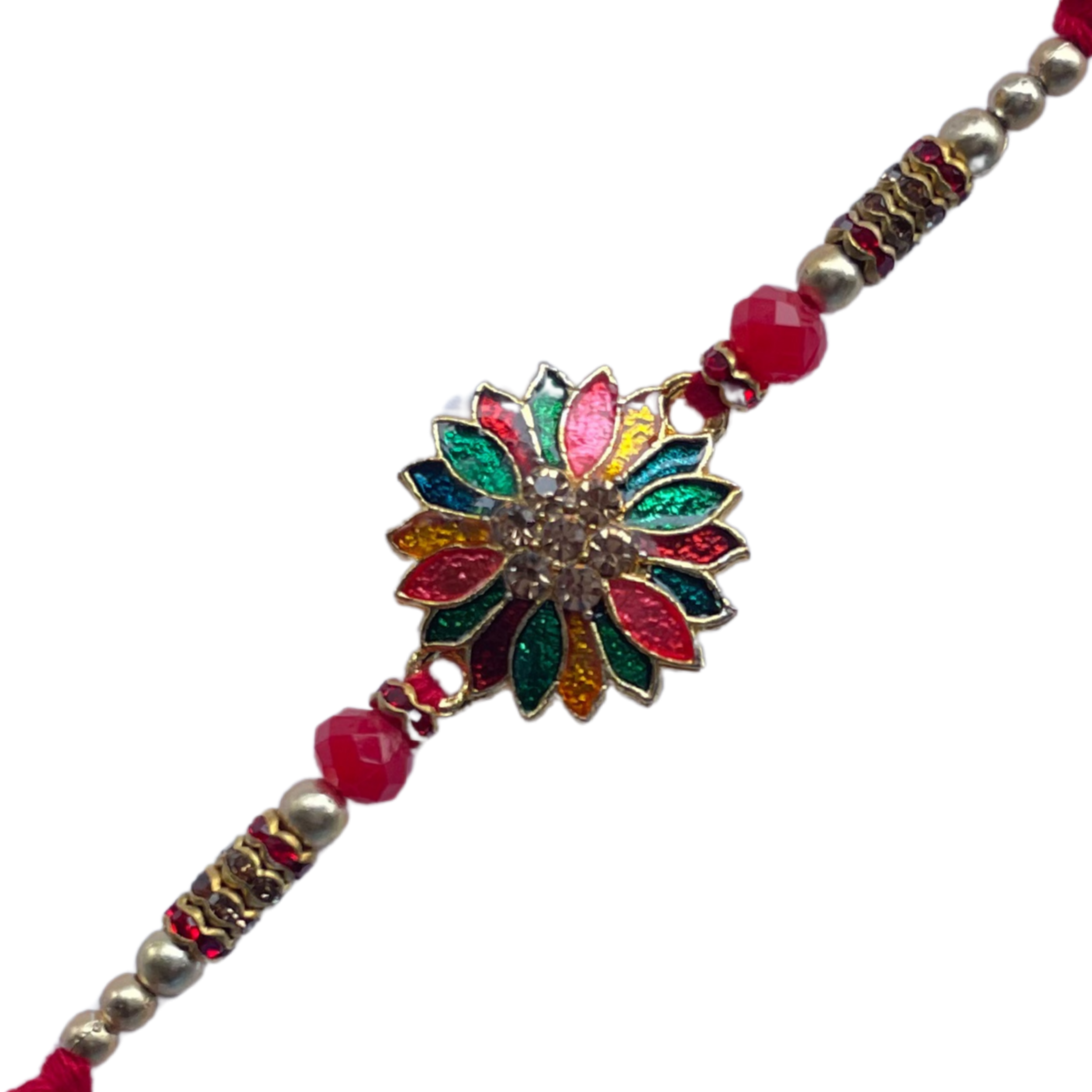 Multicolor Floral Rakhi with Beads and Red Thread